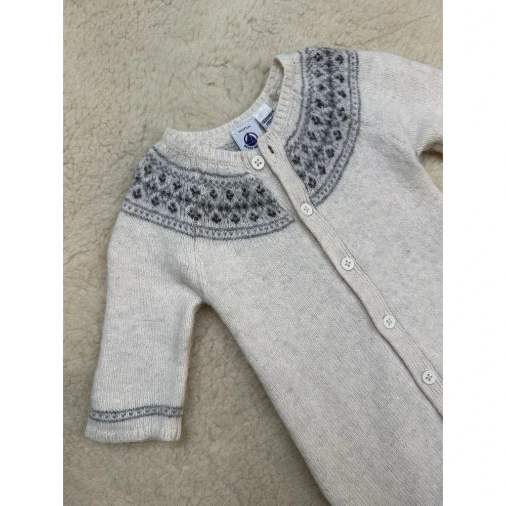 Petit Bateau 6M Baby Wool Alpaca Knit One Piece Romper Fair Isle Nordic Sweater